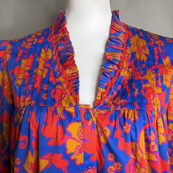 Alden Adair Oliver Top L Blue Red Floral Pleated Puff Sleeve Boho Blouse - Picture 6 of 12